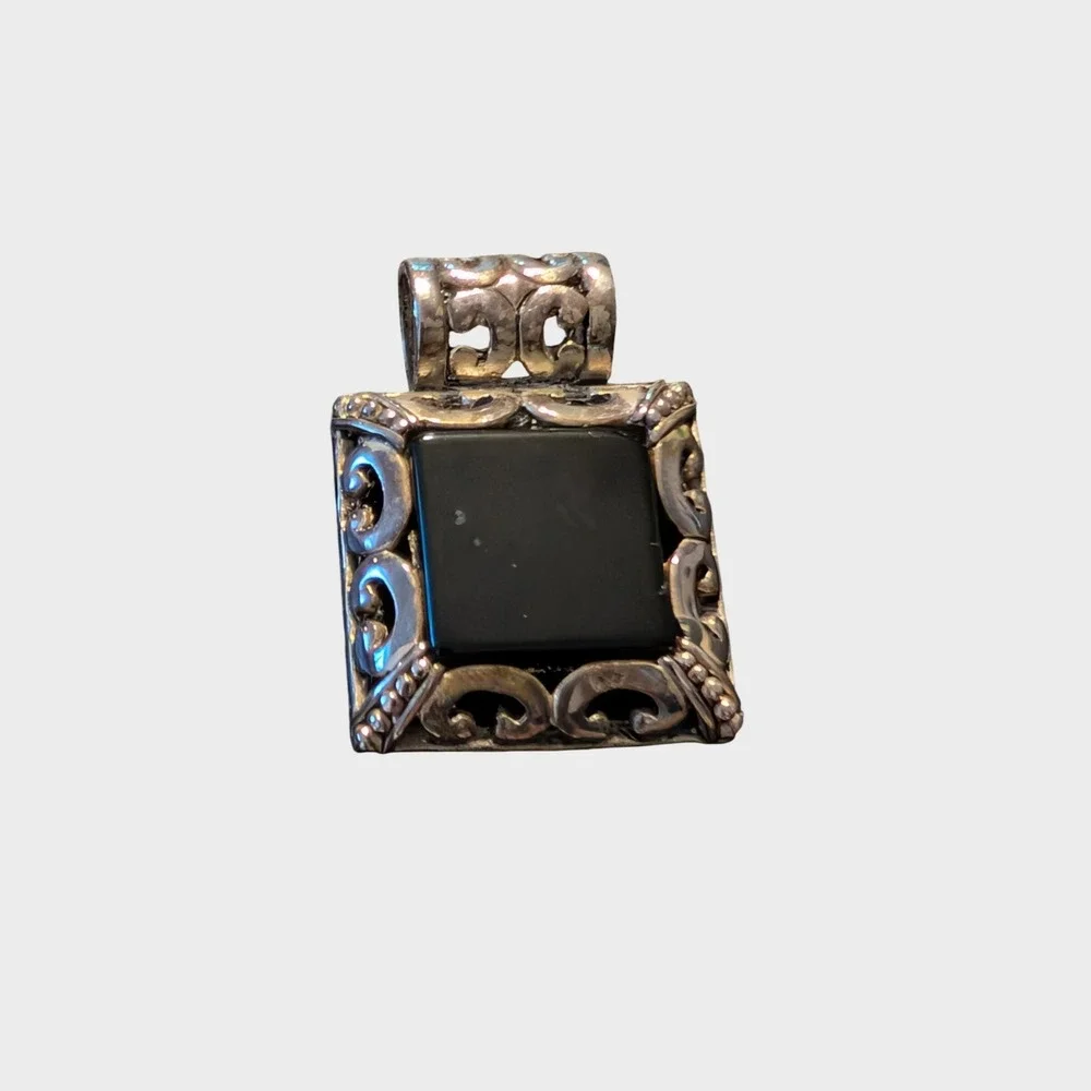 Vintage Black Pendant Silver Tone Square Stone Filigree Ornate Signed Best